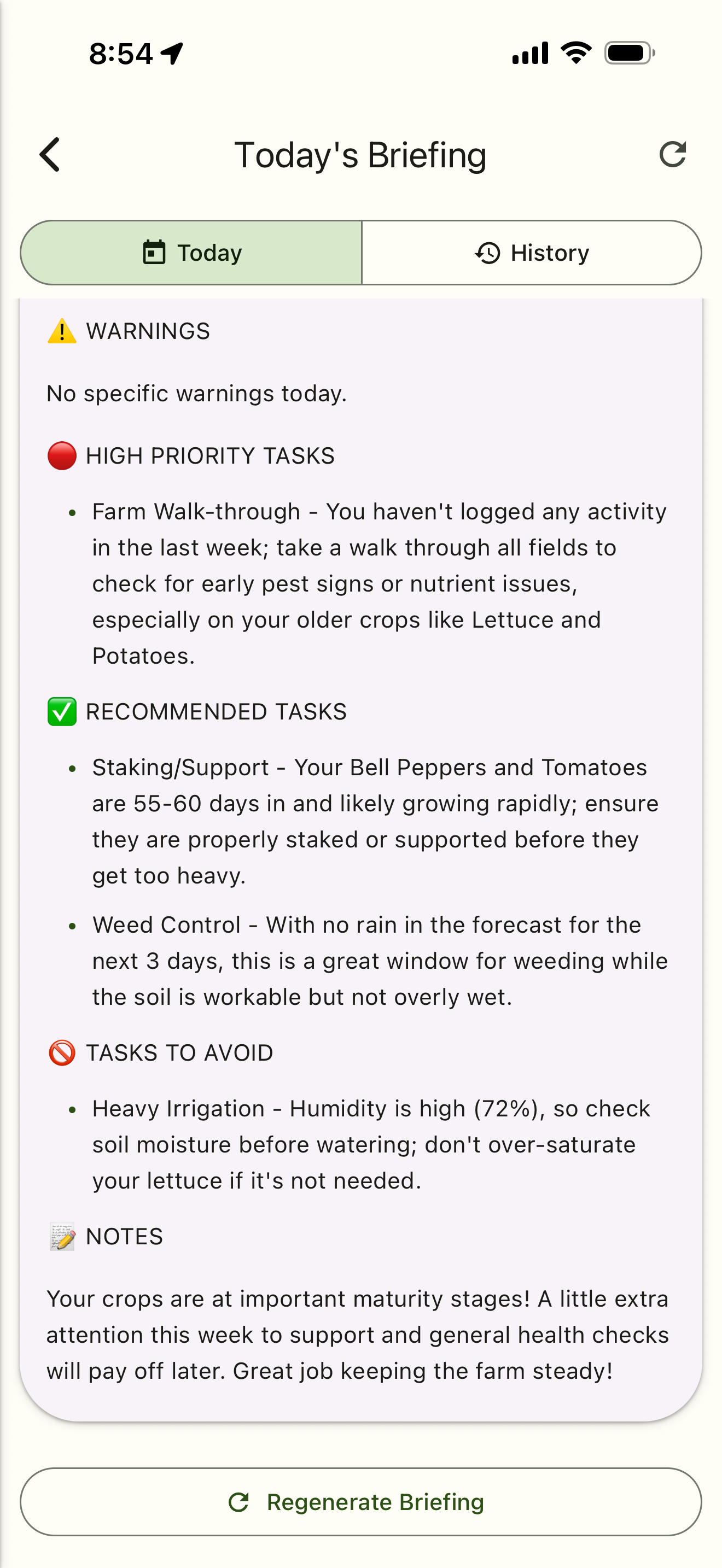 Agrum AI daily farm briefing showing risk alerts, weather impact and prioritised task list